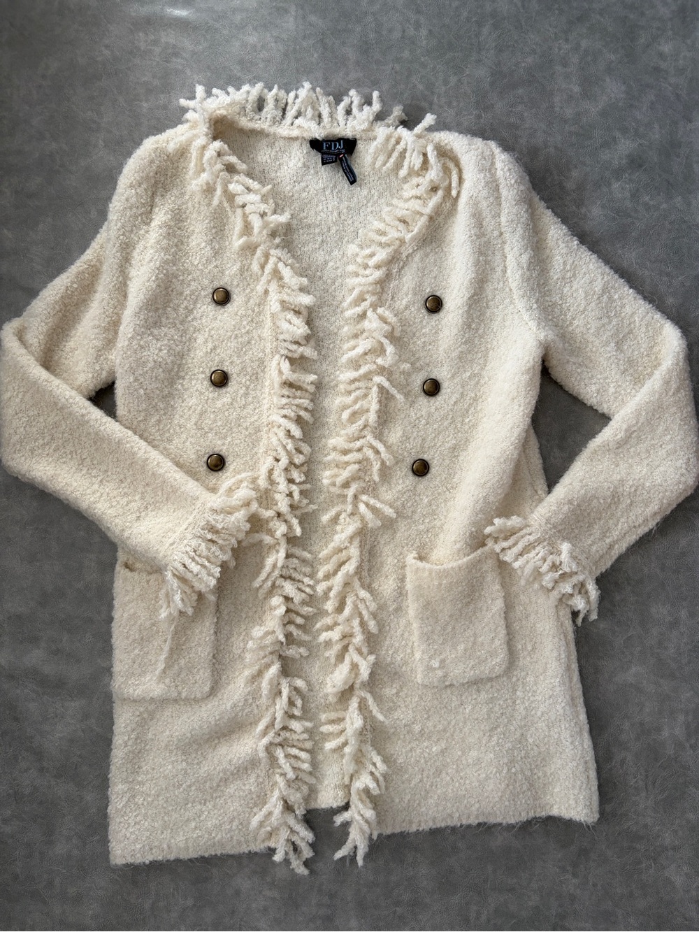 Y2K FDJ White Wool Blend Whimsy Shaggy Fringe Open Front Sweater Coatigan - Picture 7 of 13
